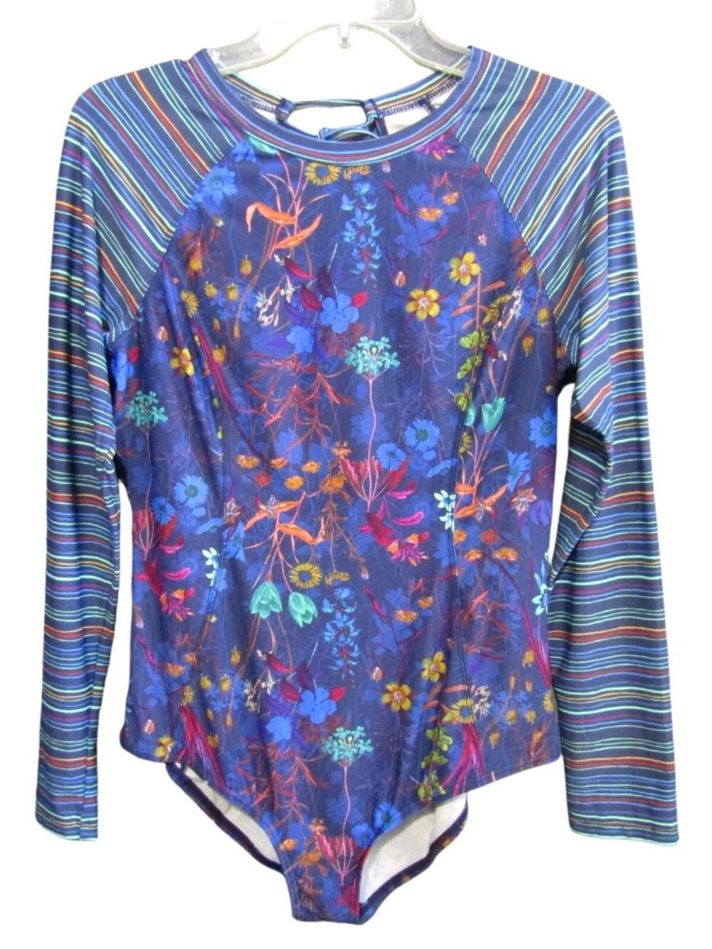 Title Nine Rash Guard One Piece Swimsuit Blue Floral Stripe XL Surf Long Slv Tie